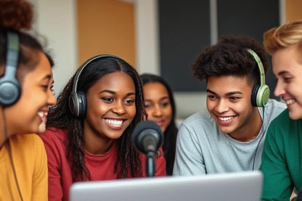 A diverse group of students seated around a microphone and laptop, wearing headphones, smiling, and engaged in conversation, emphasizing collaboration, creativity, and learning.