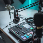 Professional podcasting setup with a high-quality microphone, headphones, and recording equipment on a desk.