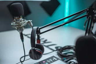 Professional podcasting setup with a high-quality microphone, headphones, and recording equipment on a desk.