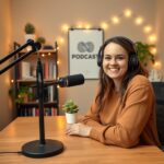 Podcast background ideas featuring a lady with a microphone in a cozy, inviting space.