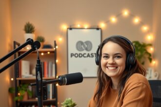 Podcast background ideas featuring a lady with a microphone in a cozy, inviting space.