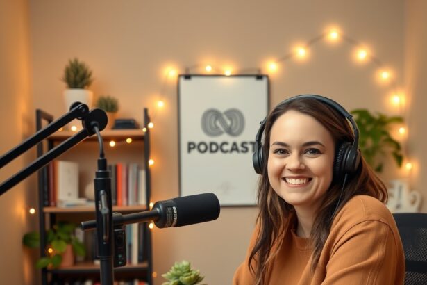 Podcast background ideas featuring a lady with a microphone in a cozy, inviting space.