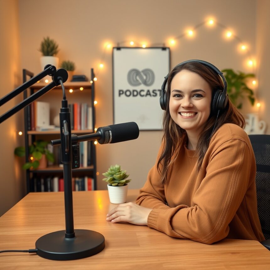 Podcast background ideas featuring a lady with a microphone in a cozy, inviting space.
